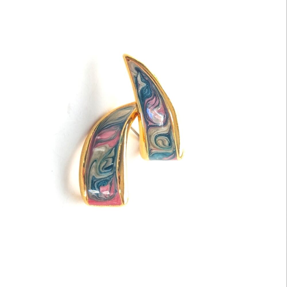 Vintage Estate 80s Watercolor Swirled Enamel Gold Tone Post Stud Earrings